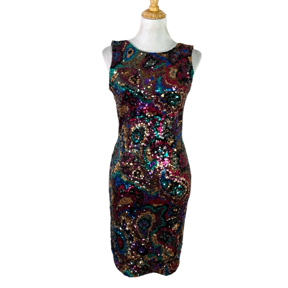 Black Tie Oleg Cassini Rainbow Sequin Paisley Mini Dress Size 6